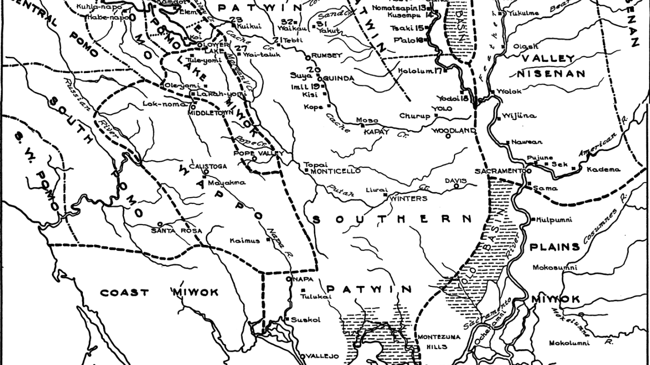 A map made by the settler-colonial UC anthropologist Alfred Kroeber documenting P'atwin, Wintun, Miwok, Nisenan, Pomo, and other California Indigenous lands (1932)